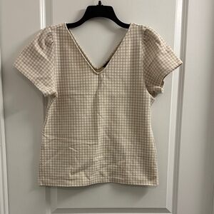 Ann Taylor Beige Checkered V-Neck Top